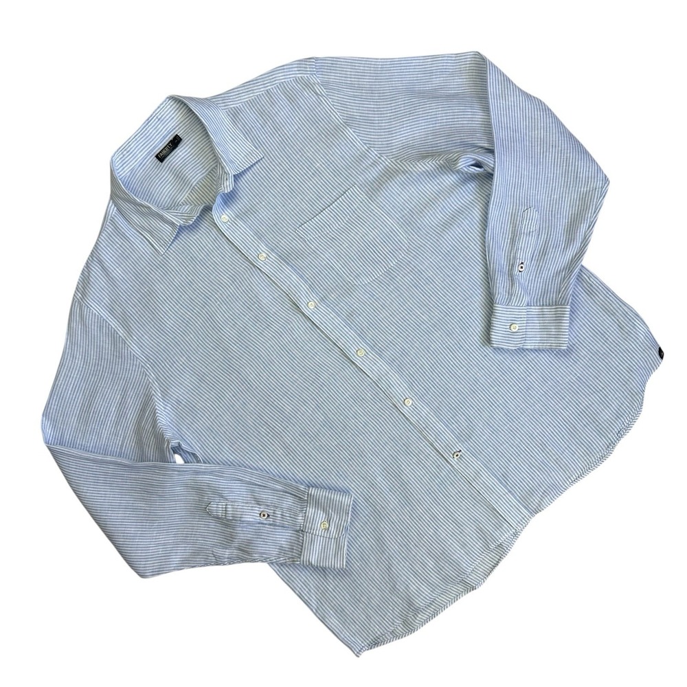 Faherty Reserve 100% Linen Button Shirt‎ Lightweight Men 2XL Blue White Stripe